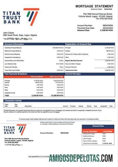 realista Modelo de declaração de hipoteca do Nigeria Titan Trust Bank em Word e PDF